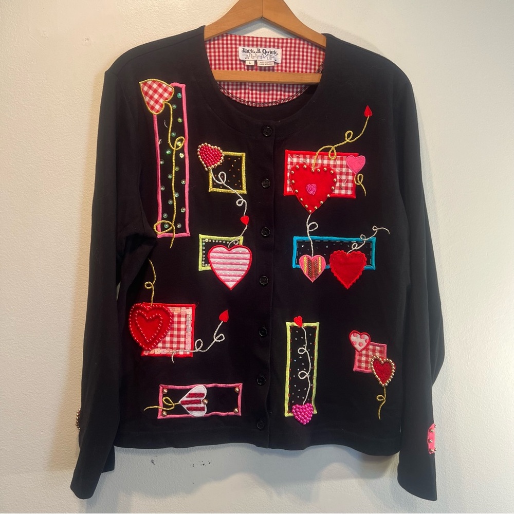 Jack B Quick Vintage Embroidered Embellished Black L Cardigan Hearts Valentines